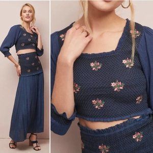 ANTHROPOLOGIE Steele Top Embroidered Blouse Cropped Floral Navy Size Small NWOT